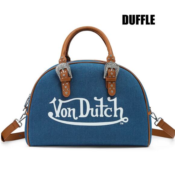 Von Dutch Denim Blue Brown Bowling Bag Large Studded Handle Duffel 16" x 12" - Picture 4 of 10